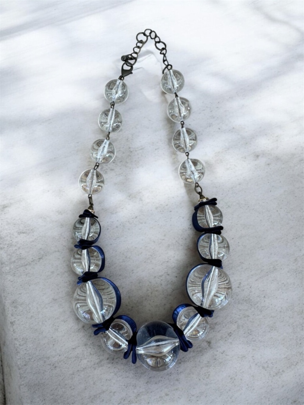 Anthropologie Chunky Lucite Acrylic Beads Navy Blue Grosgrain Statement Necklace